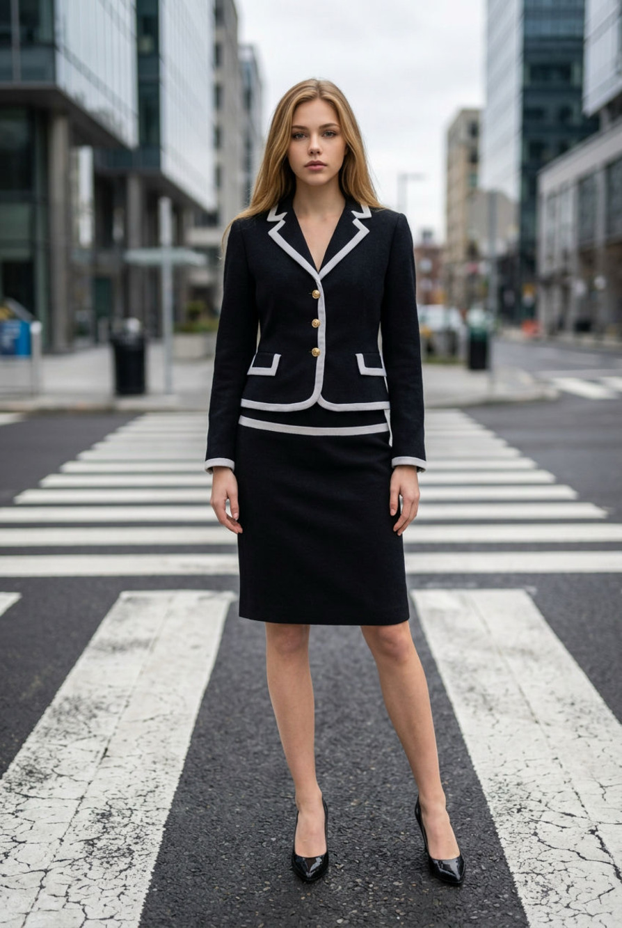 Tahari Arthur S. Levine Women's Black and White Contrast Trim Skirt Suit